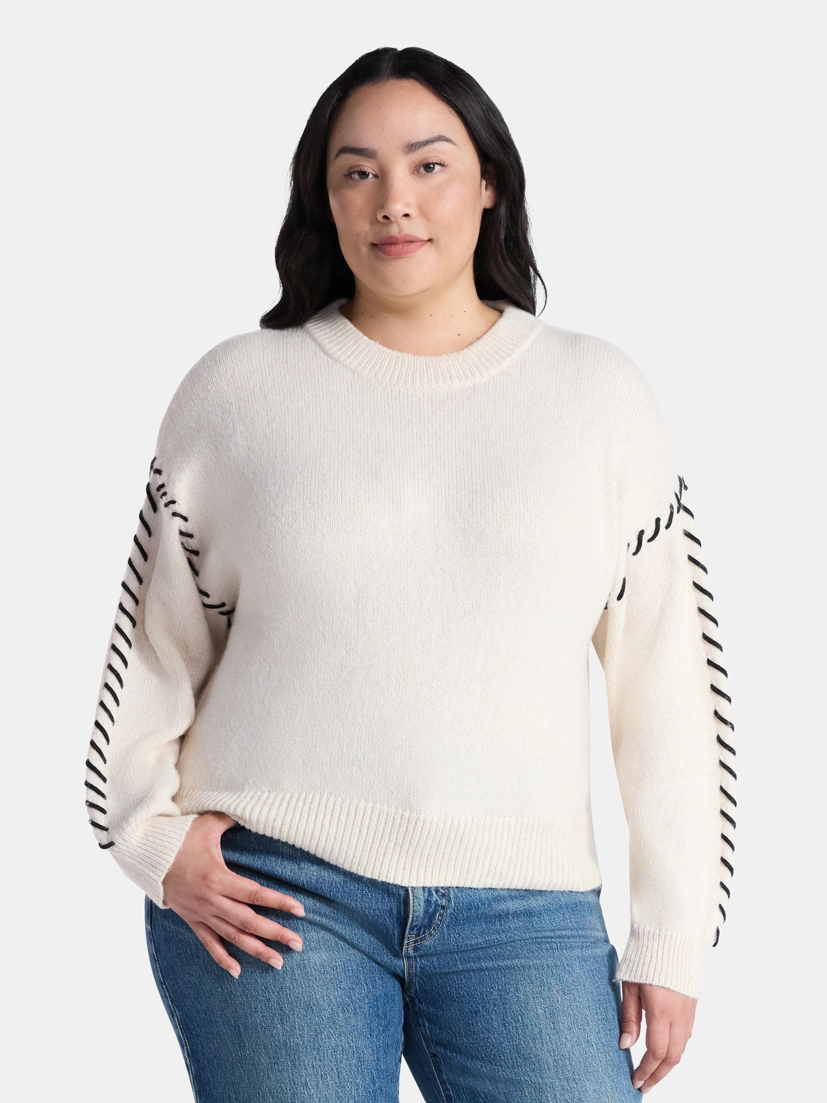 Terra & Sky Women's Plus Cropped Whipstitch Trim Sweater, Lightweight, Sizes 0X-5X | Walmart (US)