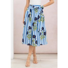 Artsy Flower Stripe Tie-Waist Cotton Midi Skirt for Farmhouse Markets & Outdoor Gatherings | Chicwish