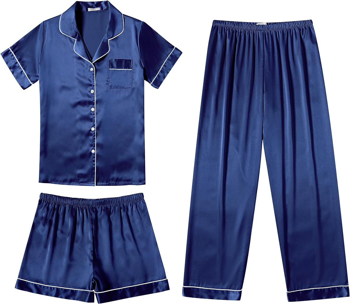 Ekouaer Silk Pajamas for Women Set Satin Pjs Soft Short Sleeve Button Down Sleepwear 3 Piece Loun... | Amazon (US)