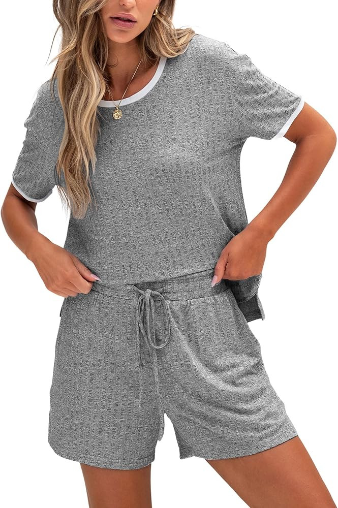 Anbech Womens Pajamas Set 2 Piece Ribbed Knit Lounge Sets Matching Loungewear Set with Pockets | Amazon (US)