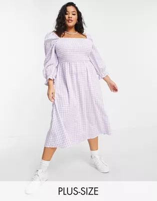 New Look Curve gingham textured shirred dress in lilac | ASOS (Global)