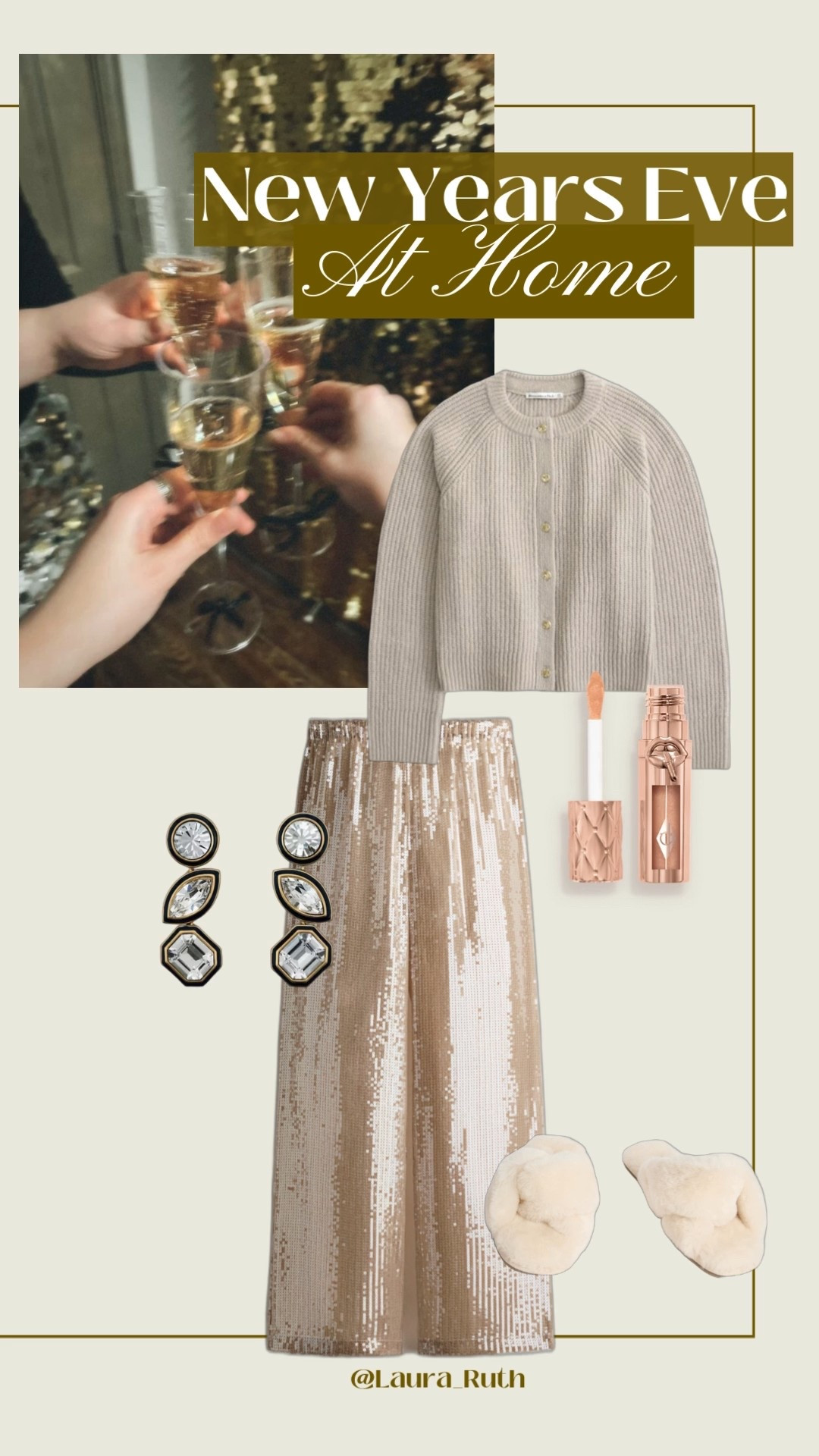 New Year’s Eve at home outfit ideas ✨ cosy glam NYE look with sequins, champagne tones, knit cardigan, wide leg sequin pants, statement earrings & comfy slippers. Perfect for staying in, hosting at home, or a low-key NYE night in 🥂

#LTKuk #LTKpartywear #LTKfestive
