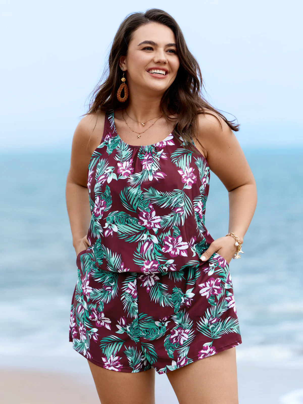 Tropical Flower Print Pockets One-Piece Swimsuit | Bloomchic