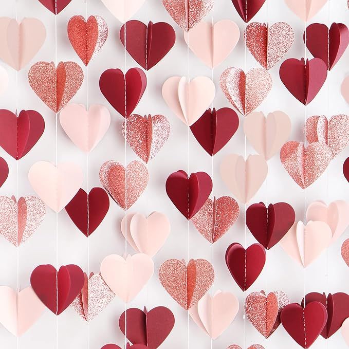 Rose-Gold Pink Burgundy-Red 3D-Heart Garland - 39Ft Valentines Day Party Decorations Hanging Pape... | Amazon (US)