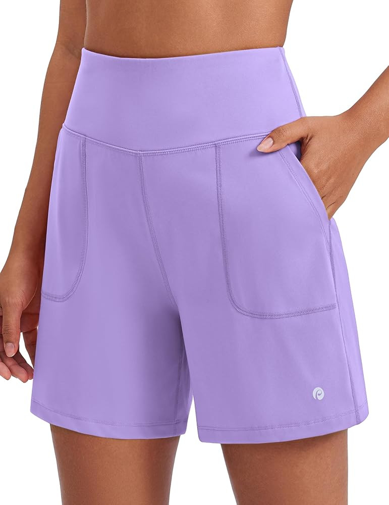 PINSPARK Women's Athletic Shorts 6" High Waisted Yoga Shorts with Pockets Soft Workout Running Sh... | Amazon (US)