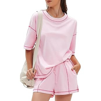 EXLURA Women's Casual Summer 2 Piece Sets 100% Cotton Short Sleeve Tshirt and Shorts Matching Swe... | Amazon (US)