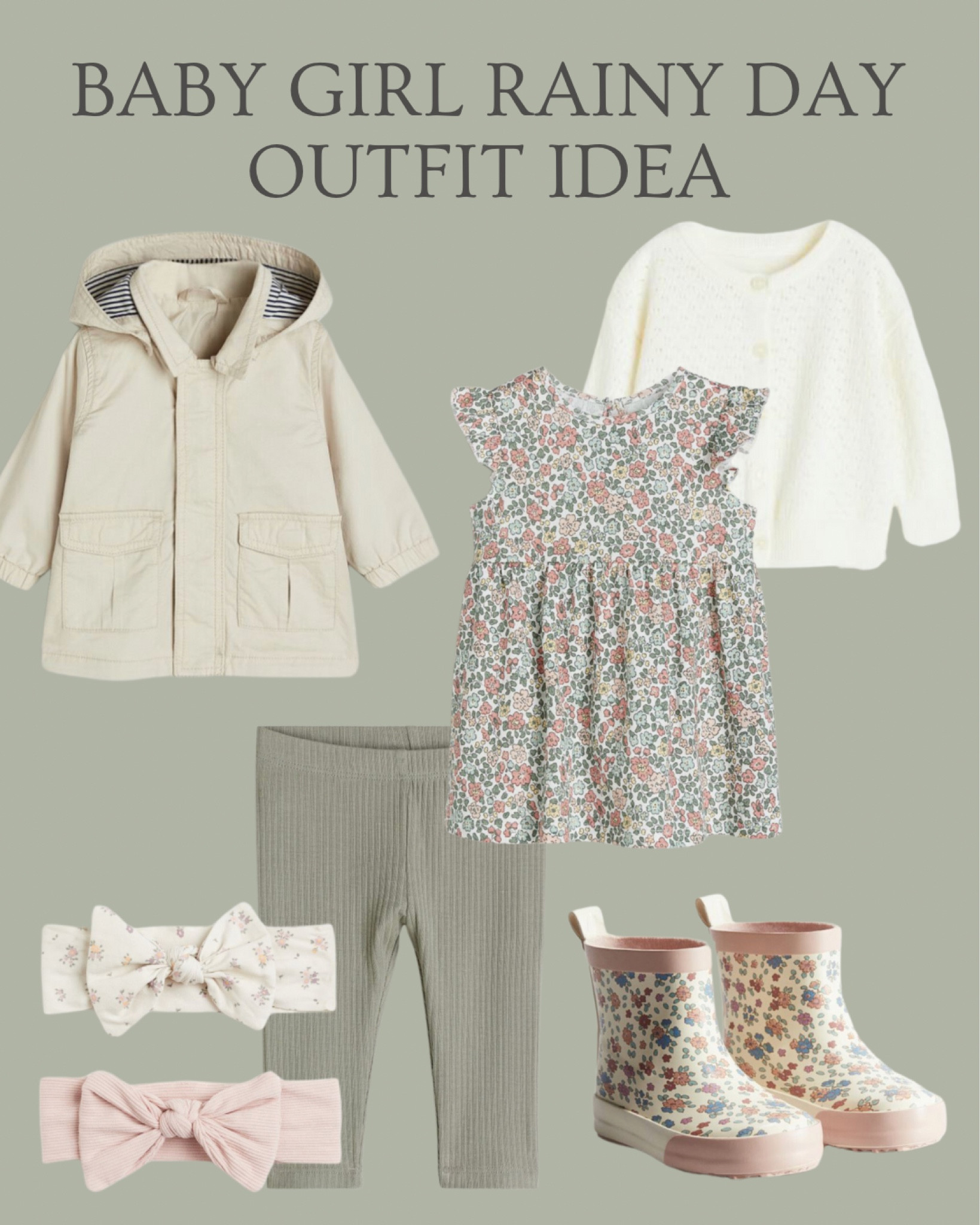 🇬🇧 cute rainy day outfit idea for baby girls. Sizes 4 months - 4 years
.
Spring fashion for girls - baby girl clothing - florals for spring - rain coat - rain boots - wellie boots - sage leggings - sage green and blush pink - H&M baby - h and m kids - baby hair bands - cardigan - affordable kids clothing - spring holidays - spring vacation- city outfits 

#LTKtravel #LTKkids #LTKbaby