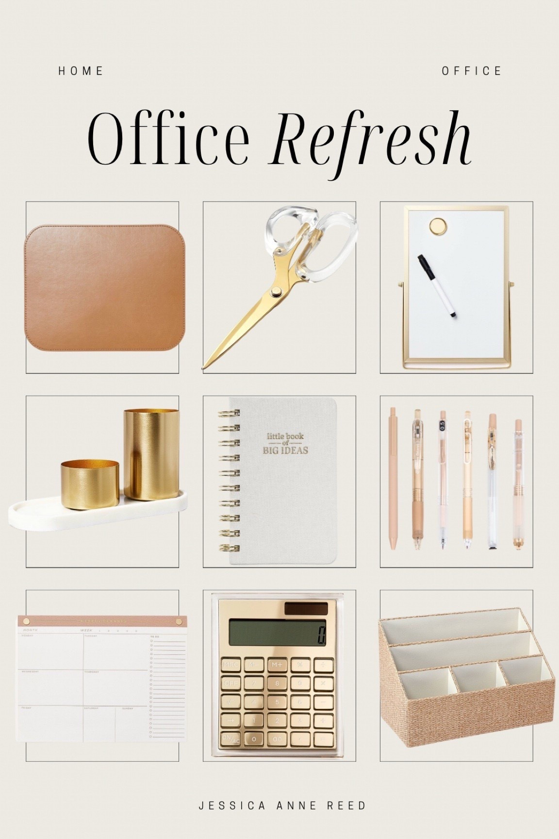 Office refresh, office accessories, neutral office supplies, gold calculator, desk accessories, notepad, desk pad, planner, day planner, neutral pens #LTKStyleTip



#LTKFindsUnder50 #LTKHome