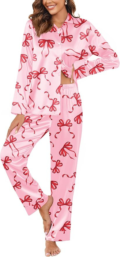 Ekouaer Classic Satin Pajamas for Women Long Sleeve Button Down Sleepwear Soft Silk Loungewear Pj... | Amazon (US)