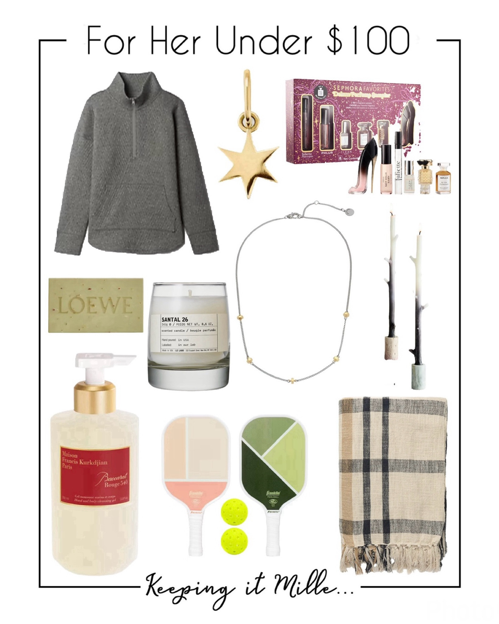 Gifts for her under $100. Half zip pullover tunic, baccarat rouge shower gel, Santal candle, pickle ball set, perfume sampler, gold star charm, plaid throw blanket, Loewe soap 

#LTKCyberWeek #LTKGiftGuide #LTKFindsUnder100