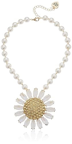Betsey Johnson (GBG) Women's Large Pave Daisy Flower Pendant Pearl Strand Necklace, Yellow, One Size | Amazon (US)
