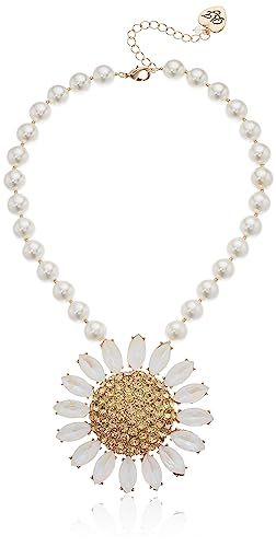 Betsey Johnson (GBG) Women's Large Pave Daisy Flower Pendant Pearl Strand Necklace, Yellow, One Size | Amazon (US)