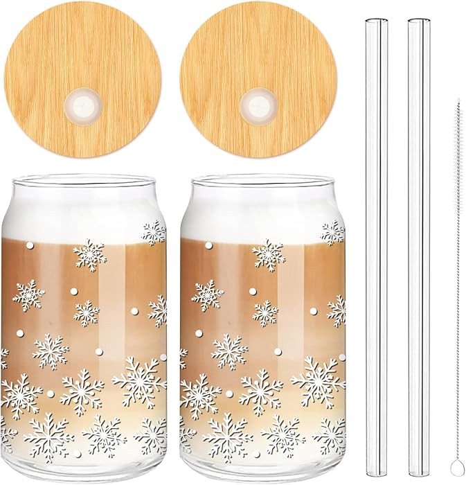 Whaline 2 Pack Winter Drinking Glasses 16oz White Snowflake Glass Cup Xmas Iced Coffee Cup with B... | Amazon (US)