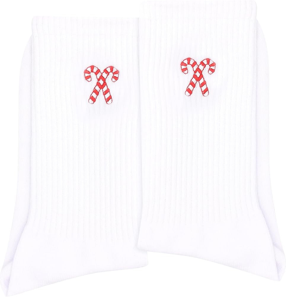 Candy Cane Socks, Cute Design Embroidered Cotton Socks For Men, Women & Teens, 1 Pairs, White - C... | Amazon (US)