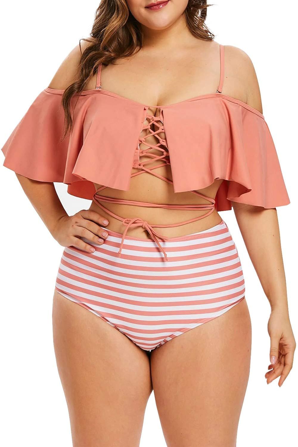 Hotvivid Women Plus Size Swimwear Ruffle High Waisted Off Shoulder 2 Piece Bikini Set | Amazon (US)