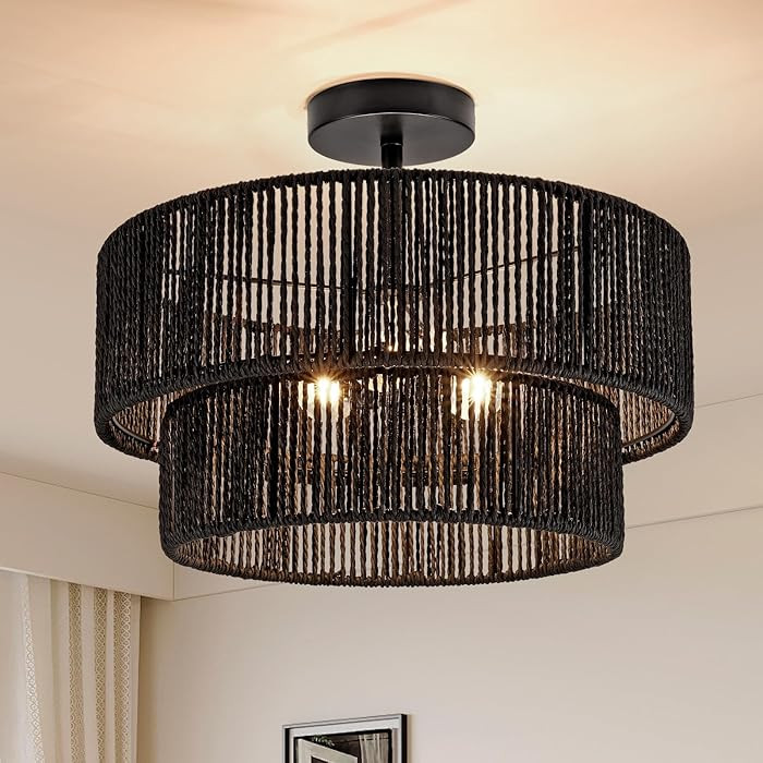 15.7'' Black Boho Light Fixtures Ceiling Mount Coastal Hemp Rope Semi Flush Mount Ceiling Light F... | Amazon (US)