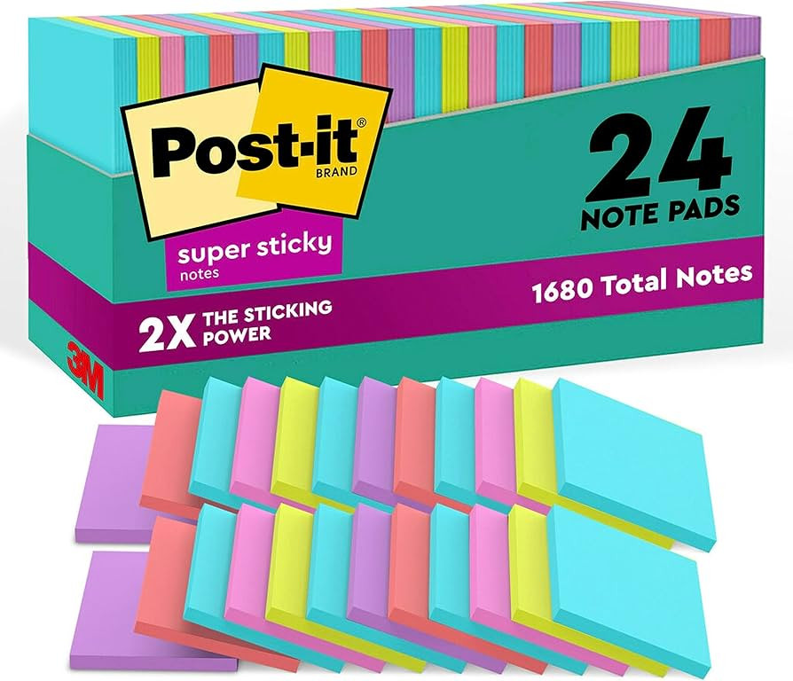 Post-it Super Sticky Notes, 24 Note Pads, 3x3 in., 2x the Sticking Power, School Supplies and Off... | Amazon (US)