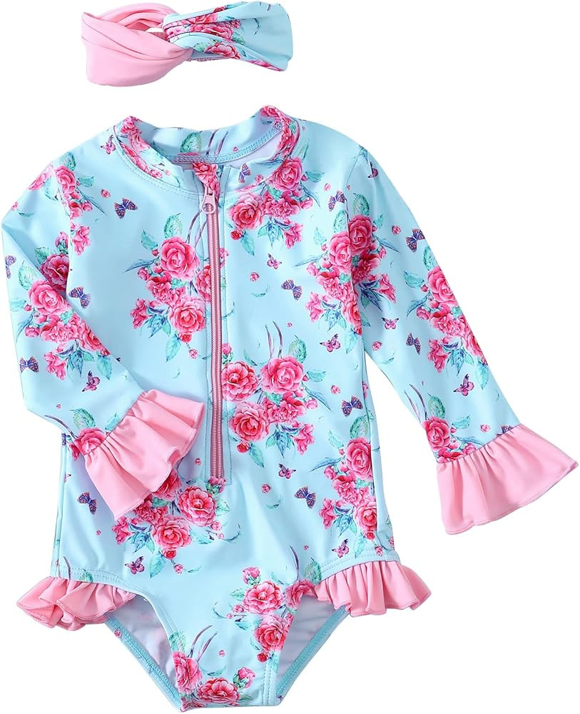 Maacie Toddler Girl One-Piece Swimsuit Long Sleeve Sun Protection with Headband | Amazon (US)