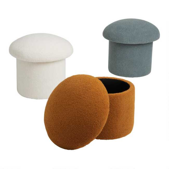 Round Faux Sherpa Mushroom Upholstered Storage Ottoman | World Market