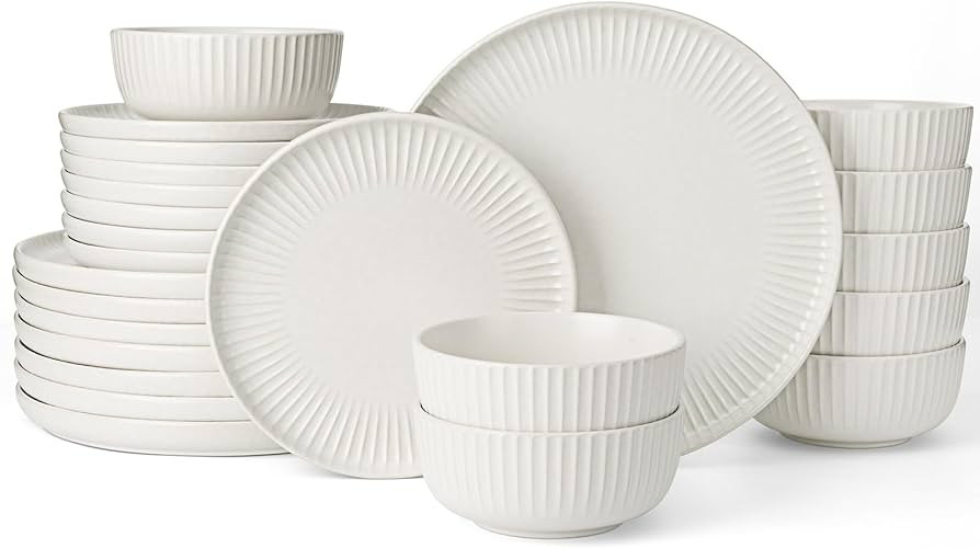 Famiware Starlight 24-Piece Plates and Bowls Sets for 8, Stoneware Dinnerware with Ribbed Texture... | Amazon (US)