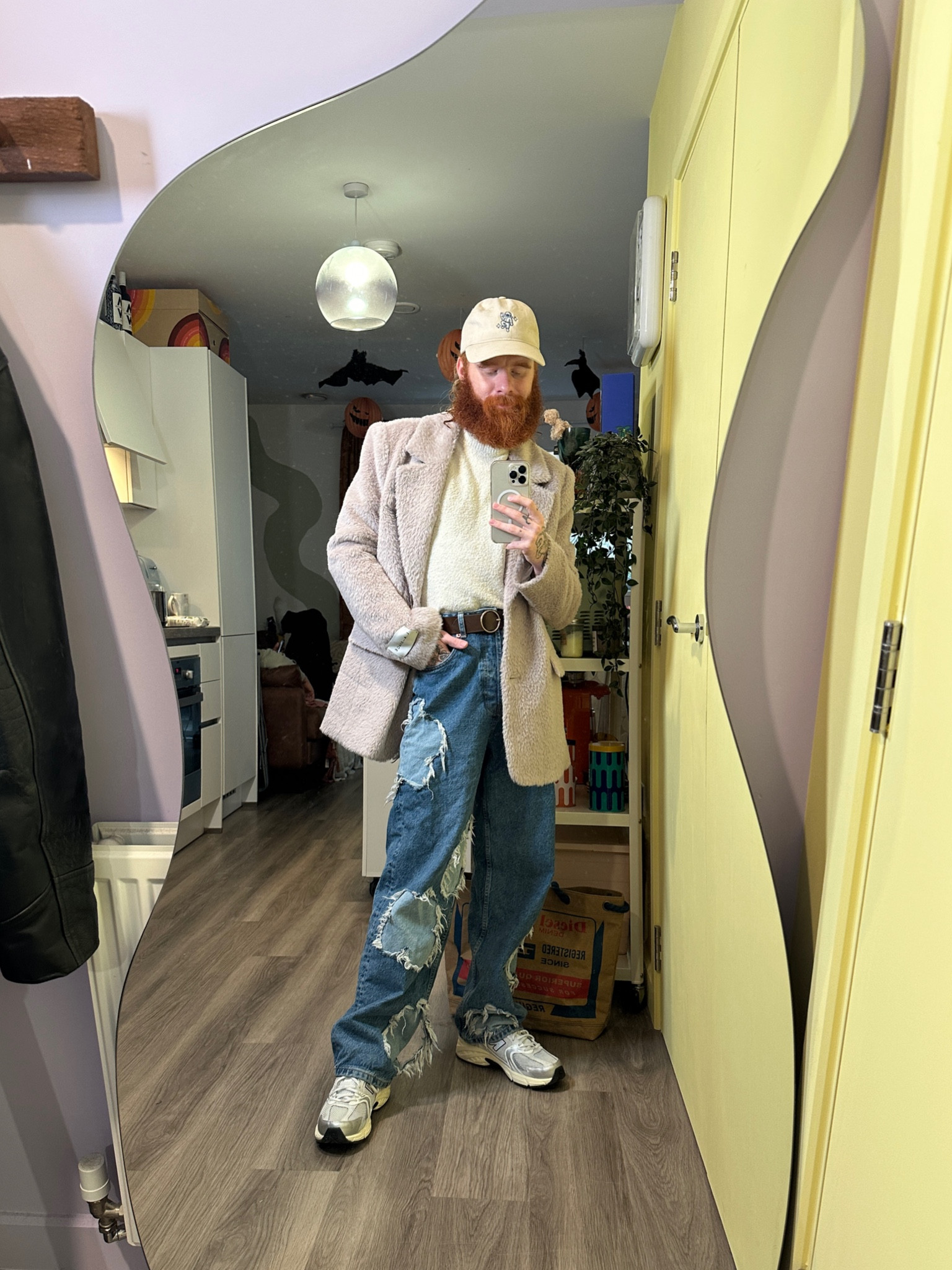 Cream cap, cream fluffy top, cream blazer, baggy jeans, silver new balance, asos 

#LTKeurope #LTKSeasonal #LTKstyletip