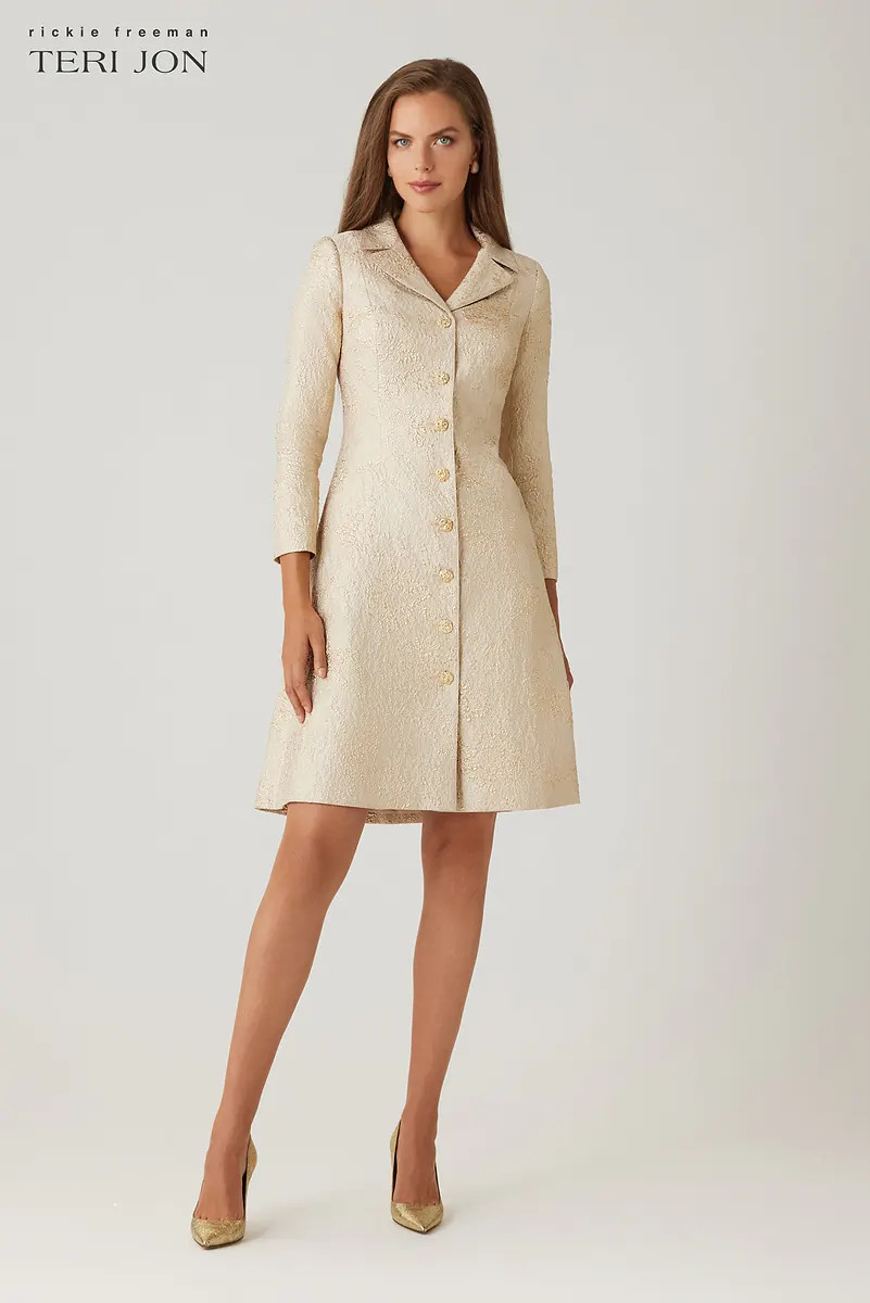 Metallic Jacquard Gold Trim Button Coat Dress | TERI JON