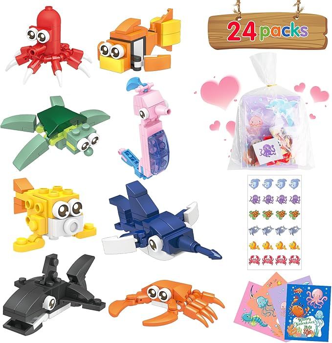 ECOHDT 24 Packs Valentines Day Gifts for Kids,Marine Animals Building Blocks Sets for Classroom P... | Amazon (US)