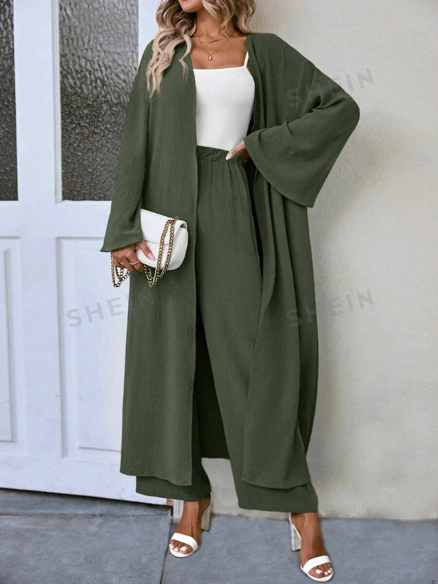 SHEIN LUNE 2pcs Set Casual Solid Color Bell Sleeve Robe And Pants, Spring & Autumn | SHEIN