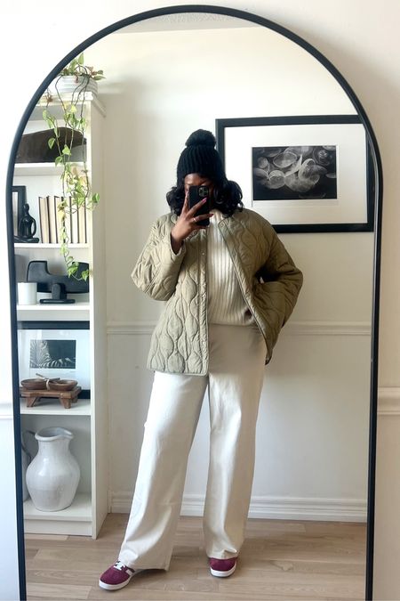 How to style white jeans, off white jeans outfit, spring outfit, quilted jacket, red adidas gazelle, plus size outfit 

#LTKSpringSale #LTKplussize #LTKshoecrush