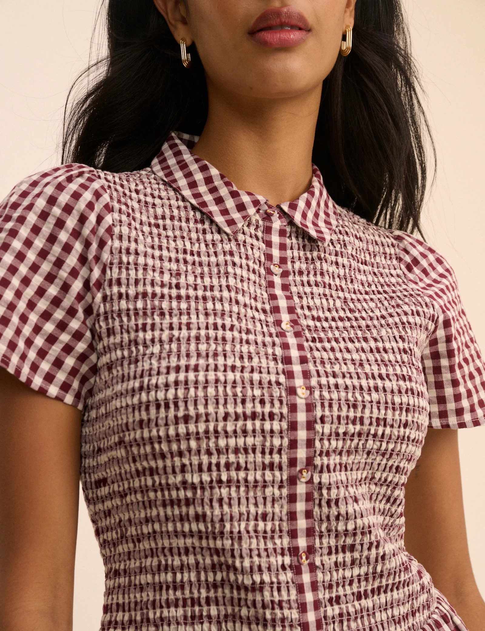 Burgundy Gingham Shirred Ioni Mini Dress | Nobody's Child