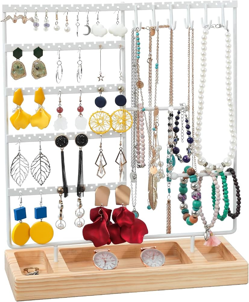X-cosrack Earring Holder,5-Tier Ear Stud Holder with Wooden Tray,Jewelry Organizer Holder for Ear... | Amazon (US)