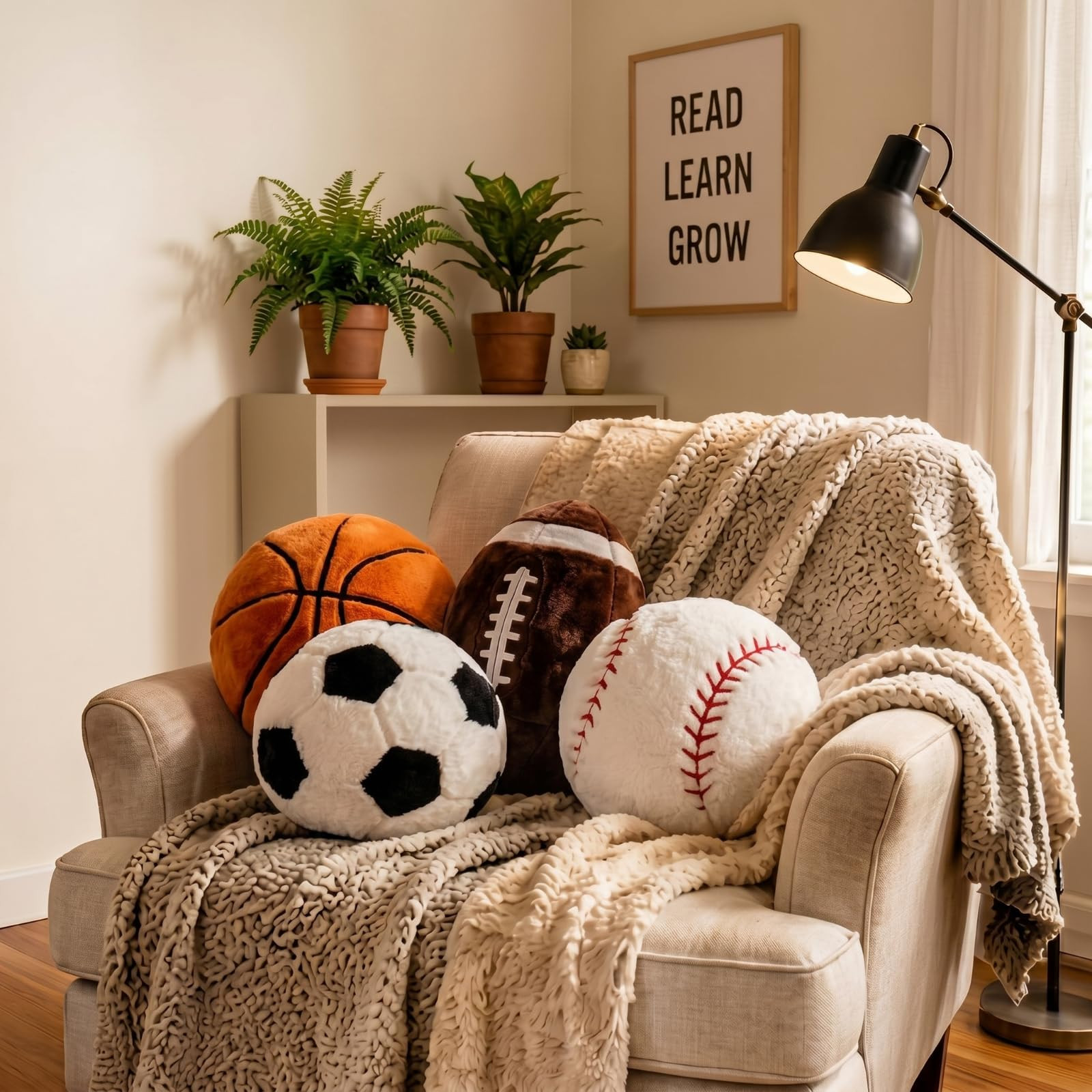 Juexica Sports Throw Pillows Fluffy Stuffed Soccer Basketball Baseball Pillow Plush Toy Sport Cushion for Room Decor Birthday Present(Medium,Assorted Color,4) | Amazon (US)