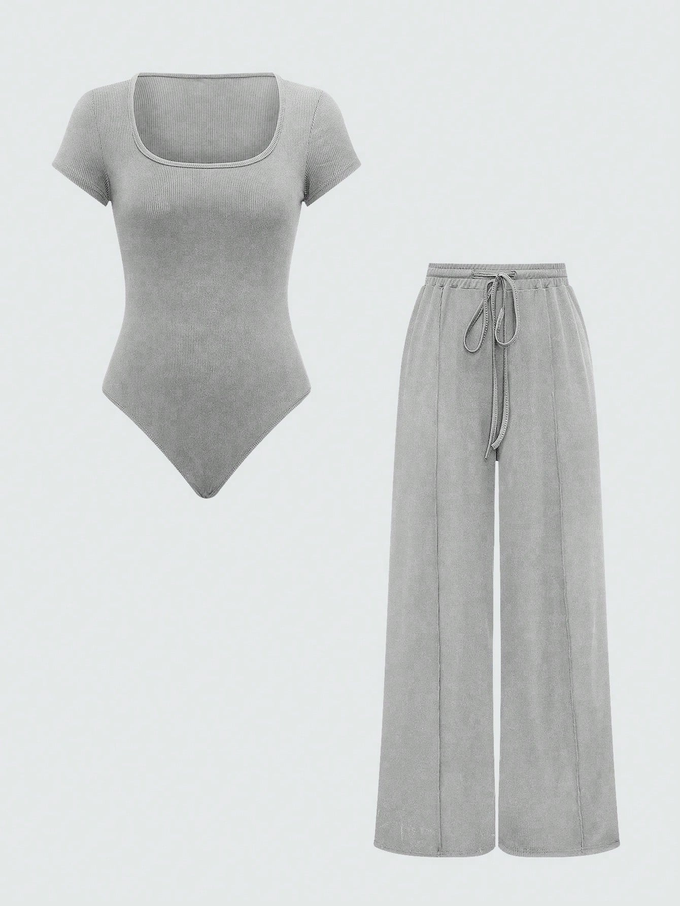 SHEIN Essnce Solid Color Short Sleeve Jumpsuit And Wide Leg Pants Spring/Summer Two Piece Set | S... | SHEIN