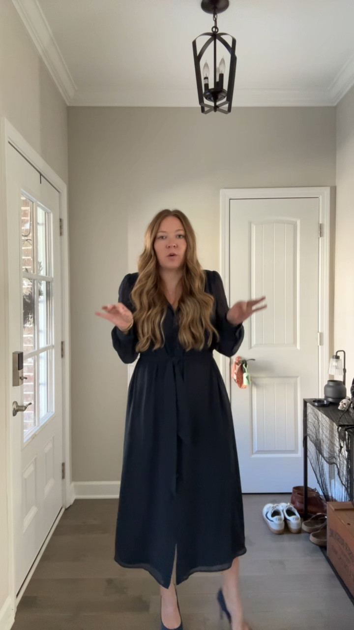 Navy dress / shirt dress / work dress - tts wearing a medium 
Navy suede pumps / tts 
Camel flats / tts 

#LTKSaleAlert #LTKWorkwear #LTKShoeCrush