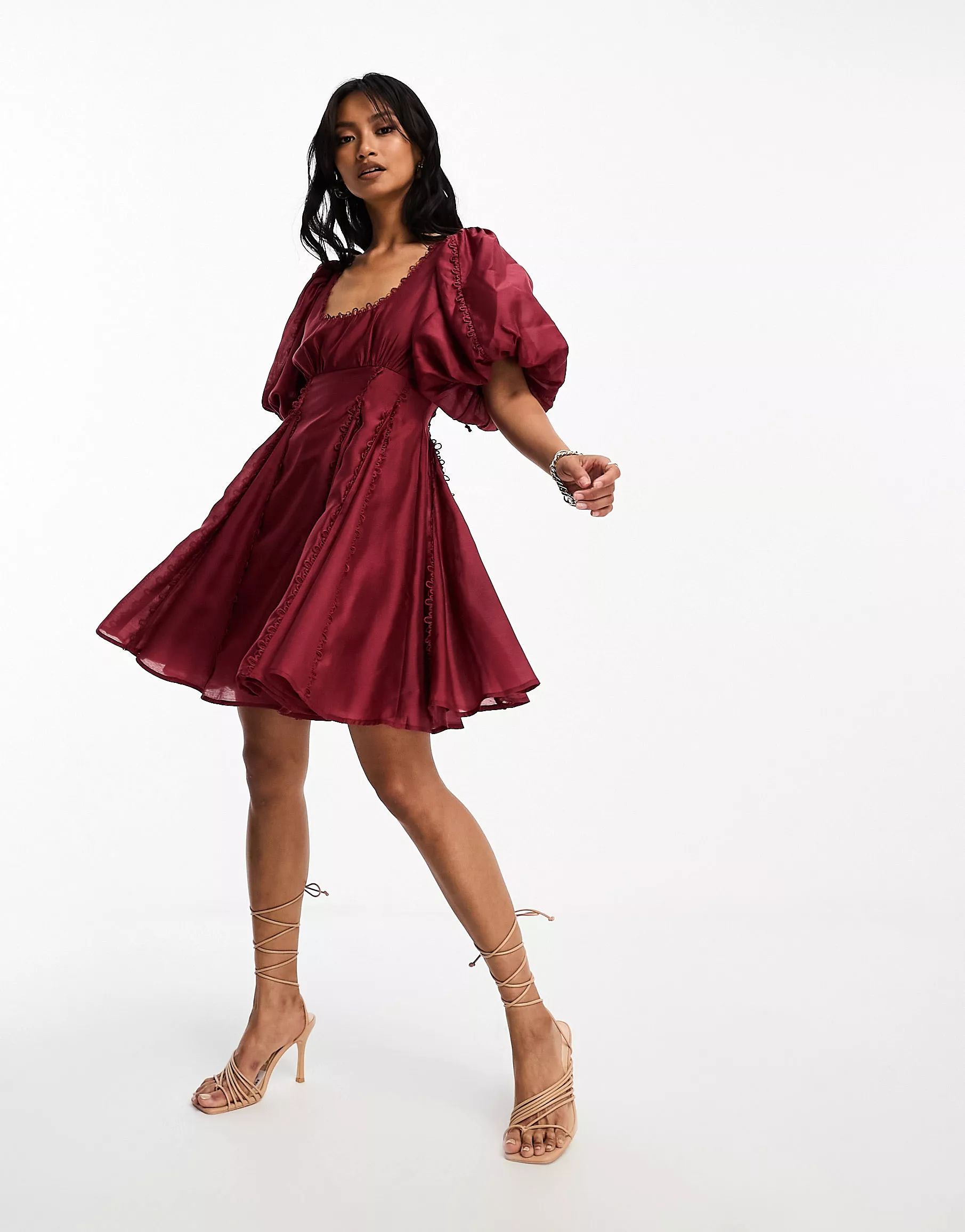 ASOS DESIGN square neck lace insert mini dress with puff sleeves in red | ASOS (Global)