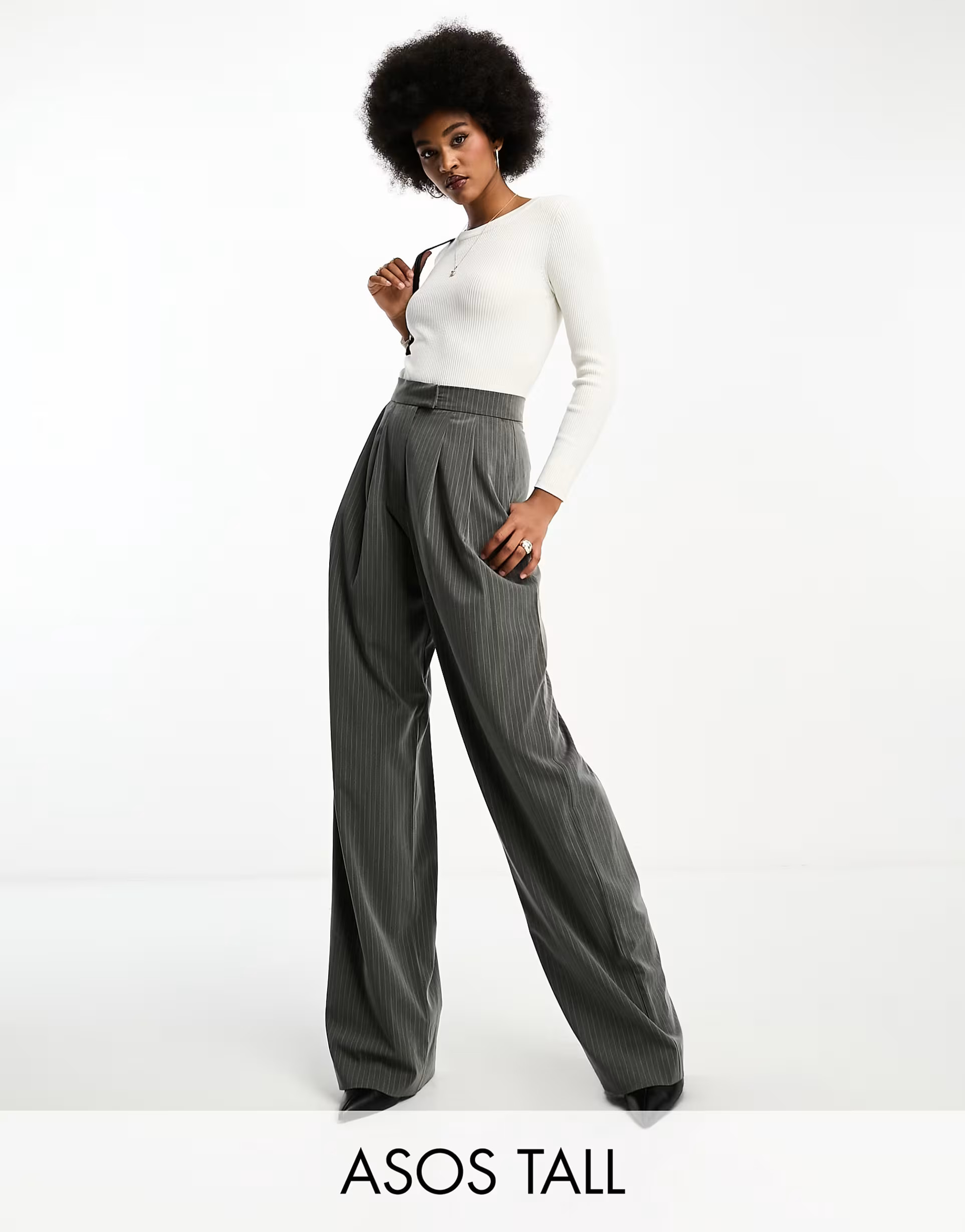 ASOS DESIGN Tall wide leg pleated striped pants in gray | ASOS (Global)