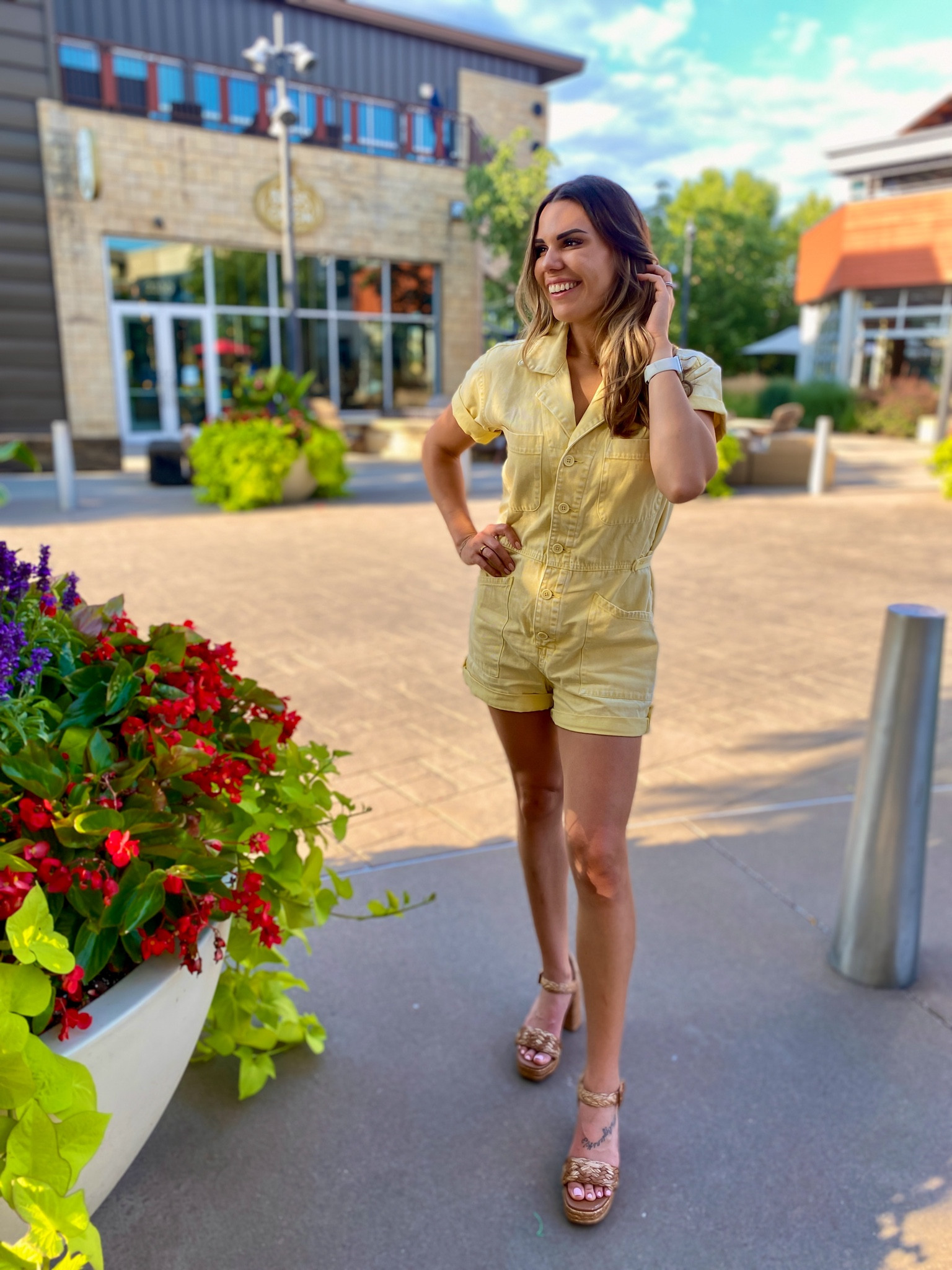 The perfect summer look! Love this polished light yellow romper paired with these super cute summer heels! Pistola denim has been my FAVE this season. Wearing size small- fits a little larger than normal sizing  

#LTKStyleTip #LTKSeasonal #LTKShoeCrush