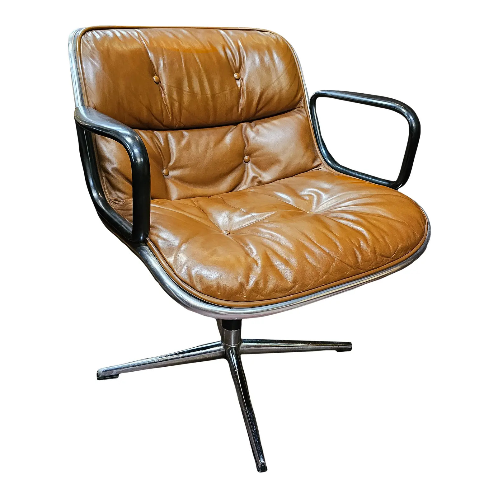 Mid Century Modern Cognac Leather Swivel Executive Office Chair by Charles Pollack for Knoll | Chairish