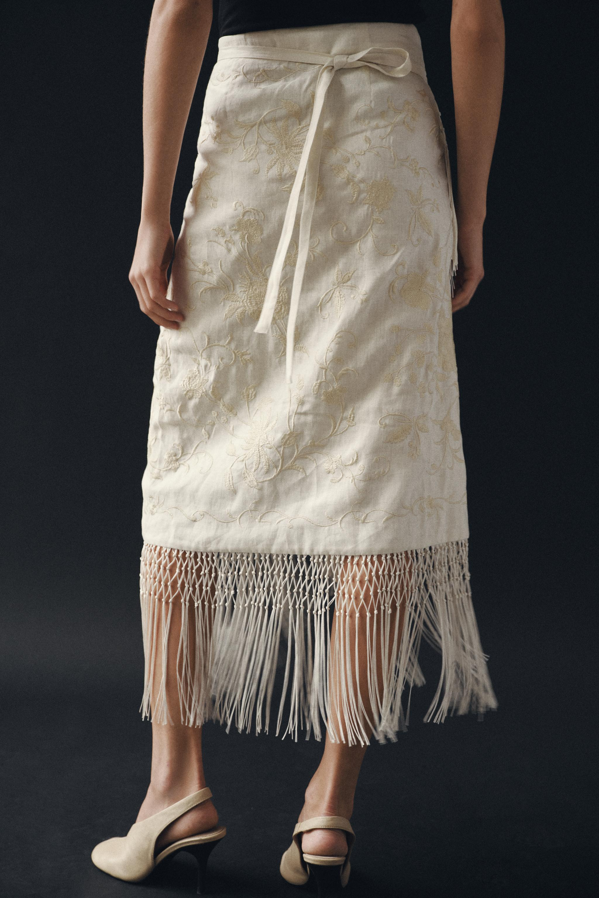 ZW COLLECTION 100% LINEN EMBROIDERED MIDI SKIRT | Zara US