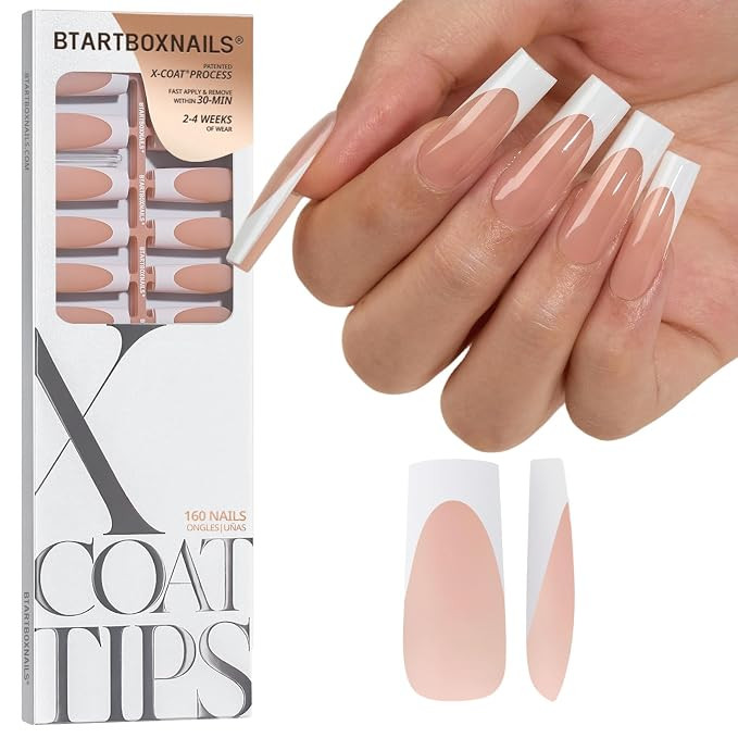 BTArtboxnails XCOATTIPS White French Tip Press On Nails, XL Square, Peach | Lamp-Curable, 4-Week ... | Amazon (US)