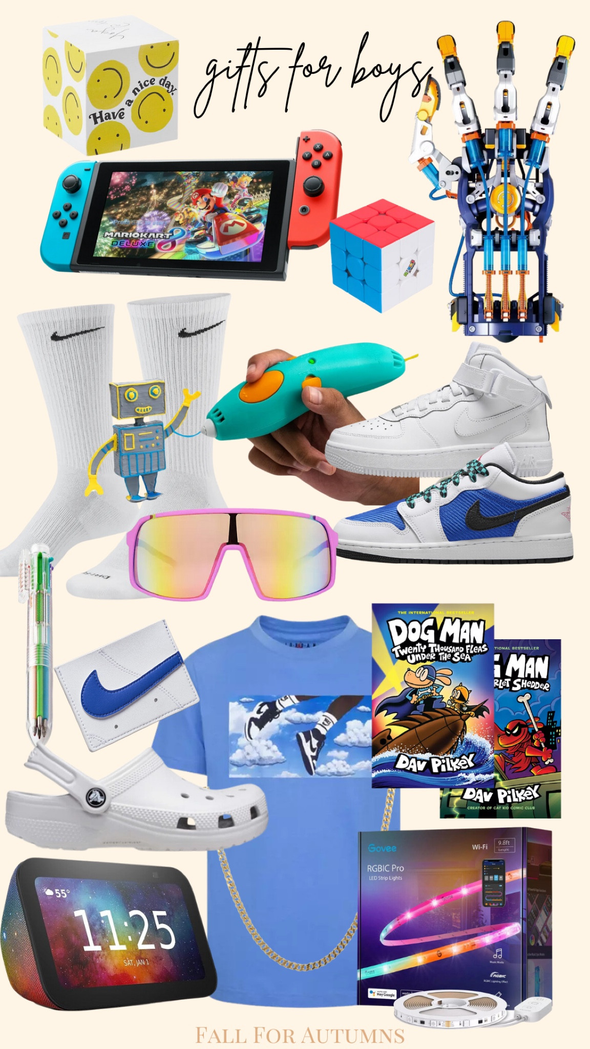 Gift guide for boys, Nintendo switch, Nike, crocs, art supplies, dog man, elementary boy, chain necklace, preteen boy, basketball, robotic hand, robot, Rubik’s cube, socks, wallet, 9 year old, 10 year old, sunglasses, gifts under $50, air Jordan, basketball 

#LTKGiftGuide #LTKKids #LTKCyberWeek