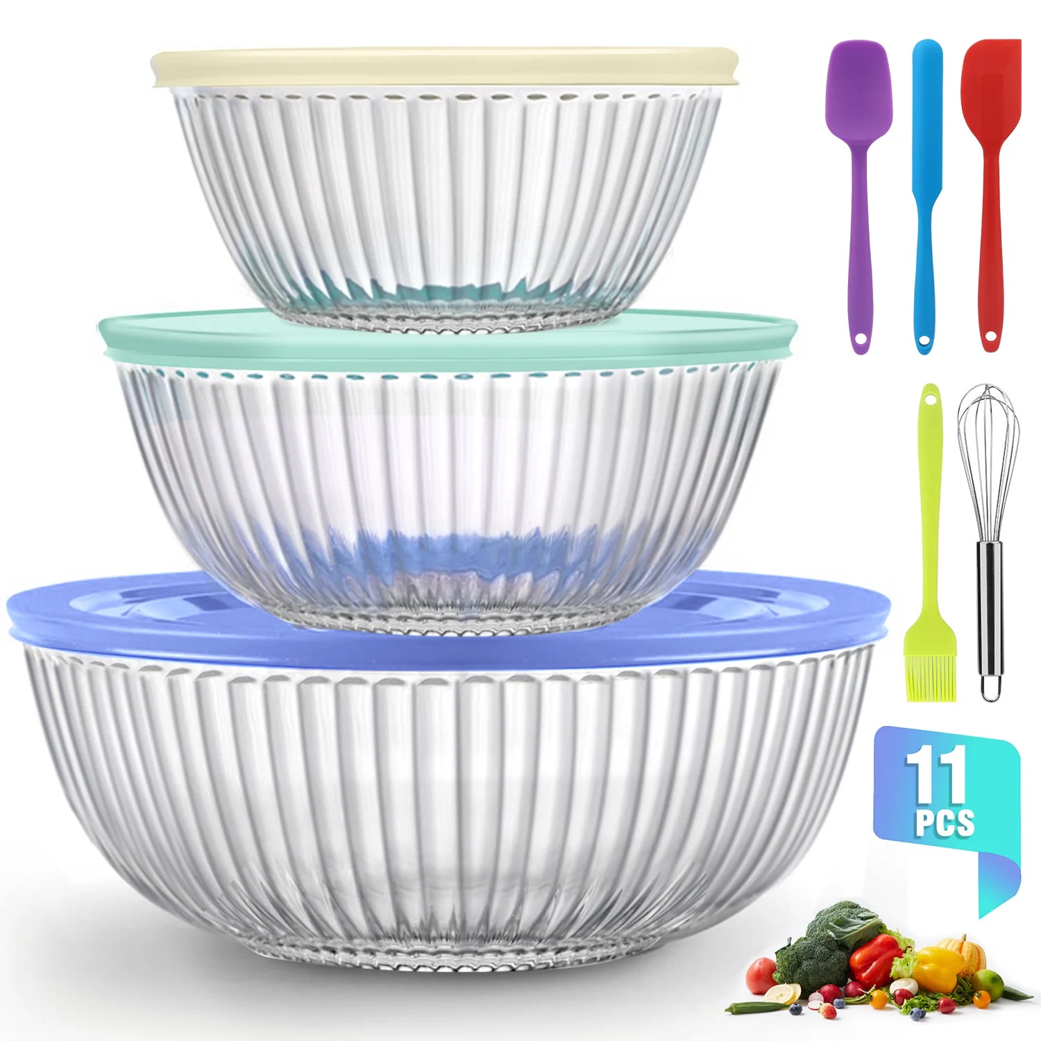 Glass Mixing Bowls Set, AOKIWO 11 Packs 3 Size  Glass Nesting Mixing Bowl with BPA-Free Lids & Ba... | Walmart (US)