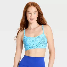 Women's Everyday Soft Light Support Strappy Sports Bra - All In Motion\u2122 Light Blue Bandana P... | Target