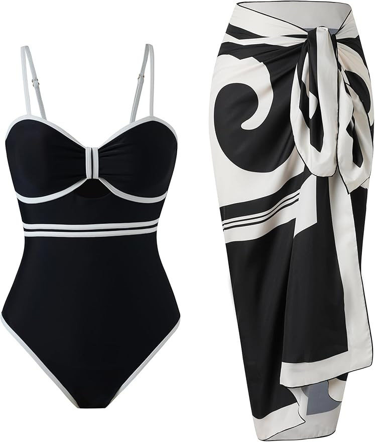 Women’s One Piece Swimsuit with Wrap Skirt Cover Up Set Retro Tummy Control Slimming Bathing Su... | Amazon (US)