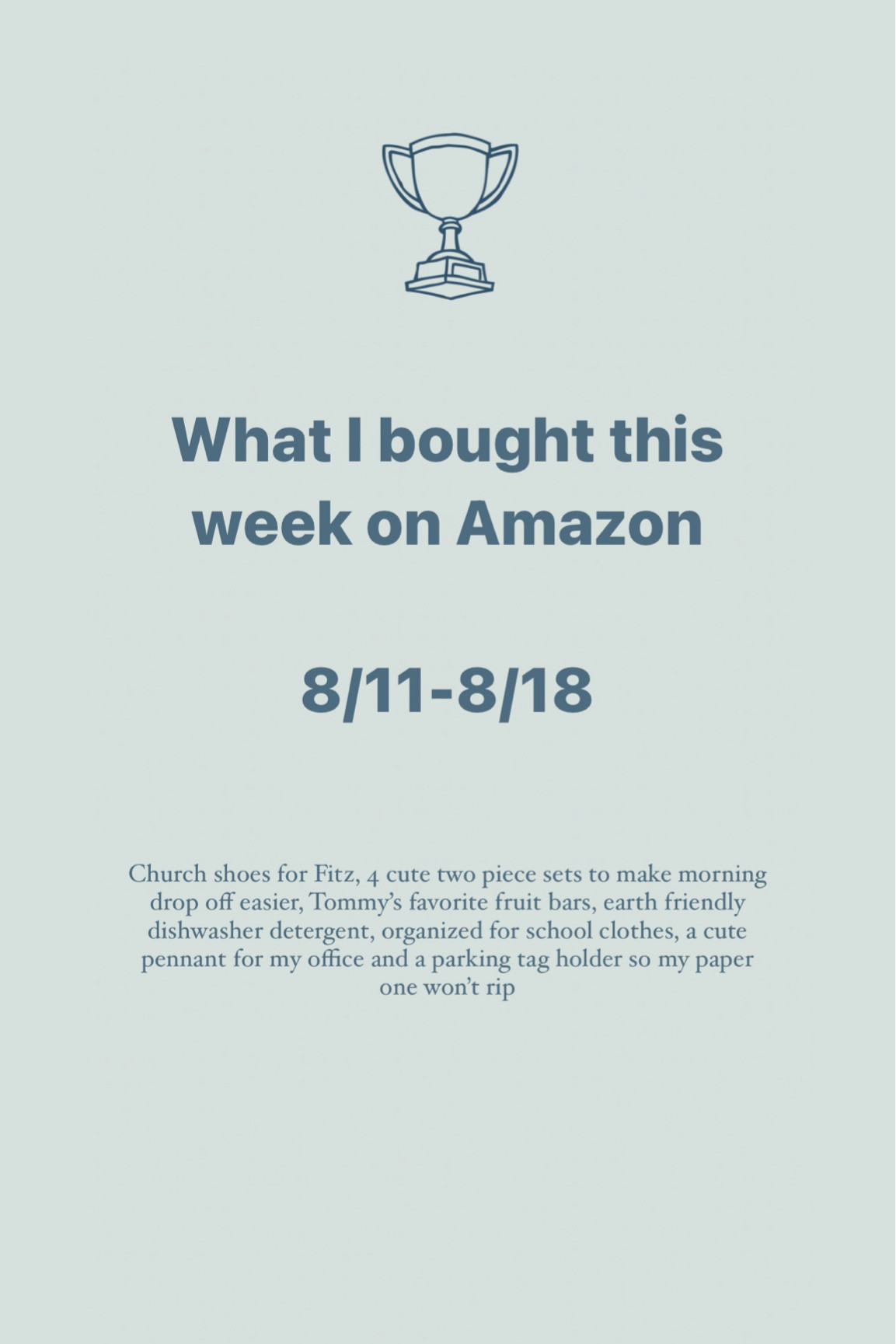 What I bought on Amazon last week plus a few items I’m eyeing: 

- Church shoes for Fitz
- 4 cute two piece sets to make morning drop off easier
- Tommys favorite fruit bars
- earth friendly dishwasher detergent, organized for school clothes
- a cute pennant for my office 
- a parking tag holder so my paper one won’t rip

On my radar:
- this sweatshirt for football season
- this black belt for fall 
- this modular closet
- this indoor compost bin for under the sink 