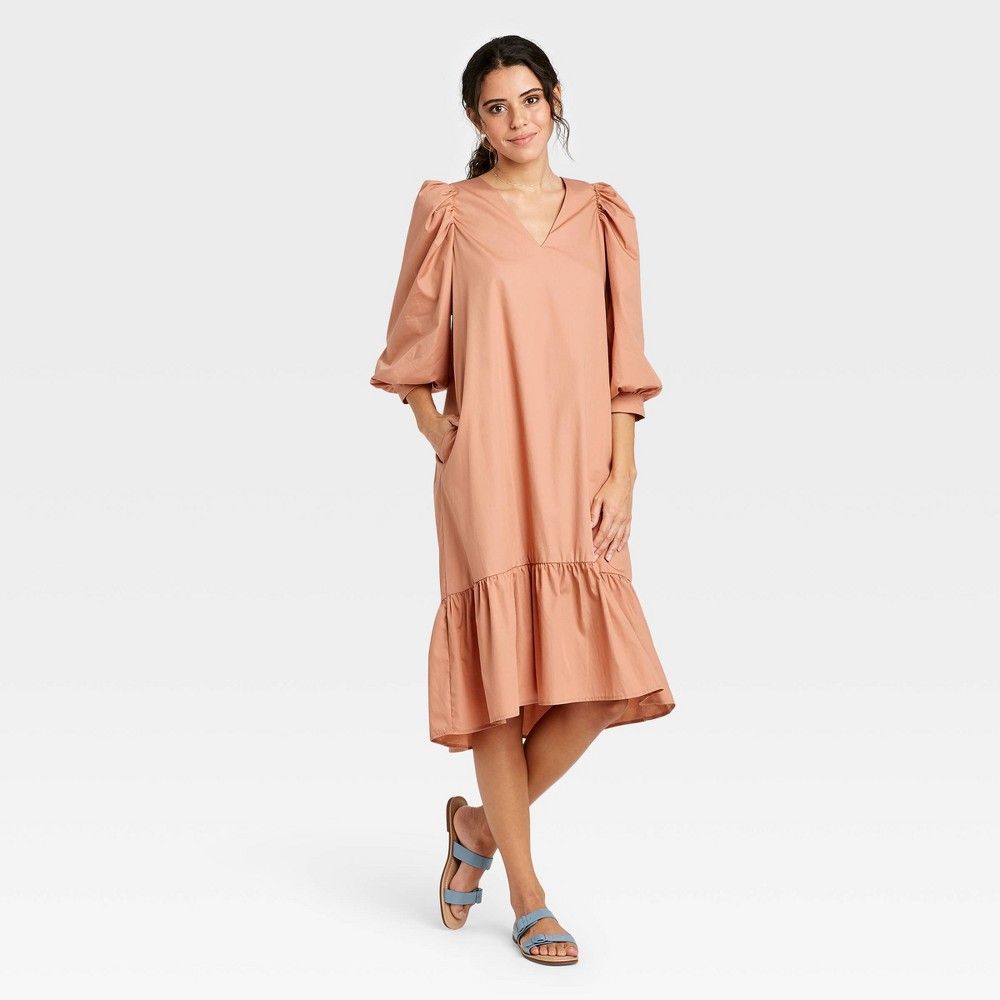 Women's Long Sleeve Ruffle Hem Dress - A New Day Peach XXL, Pink | Target
