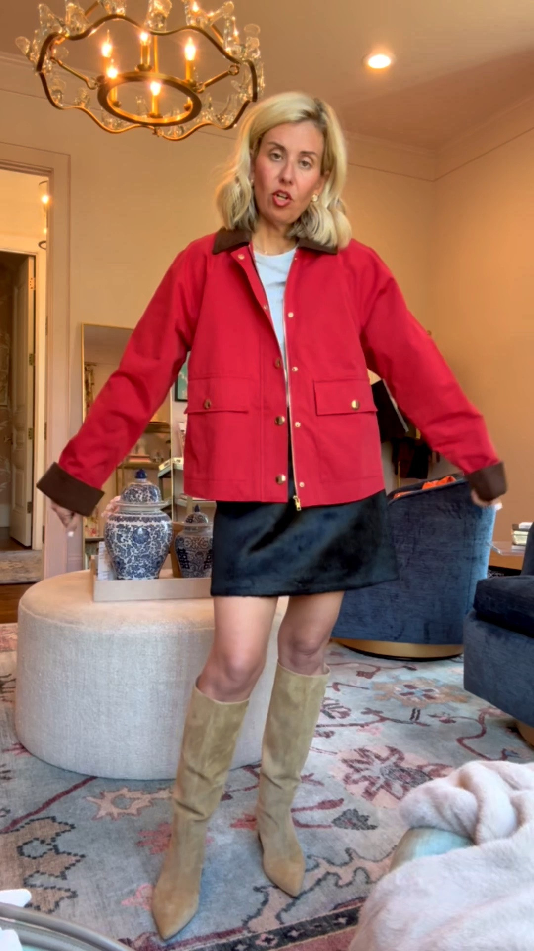 I’ll be wearing this red jacket on repeat! ￼
Tee - xs
Jacket - xs
Skirt - small 
Boots - 8 tts

CODES:
*Lilla P - CMLP15
*Allie + Bess - Catherine20
