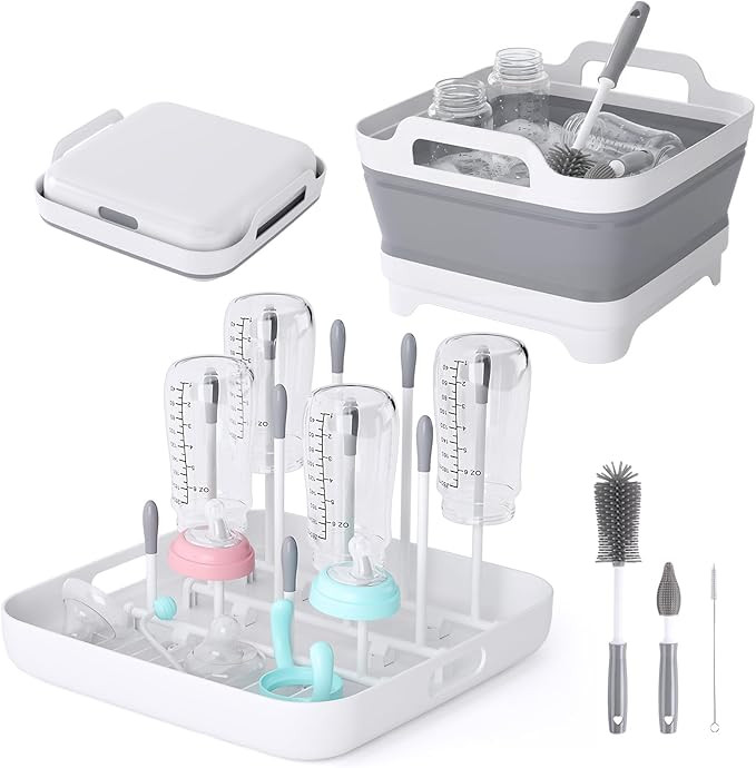 Collapsible Wash Basin for Baby Bottles - Portable 2.4 Gallon Dish Tub with Drying Rack & Lid, Fo... | Amazon (US)