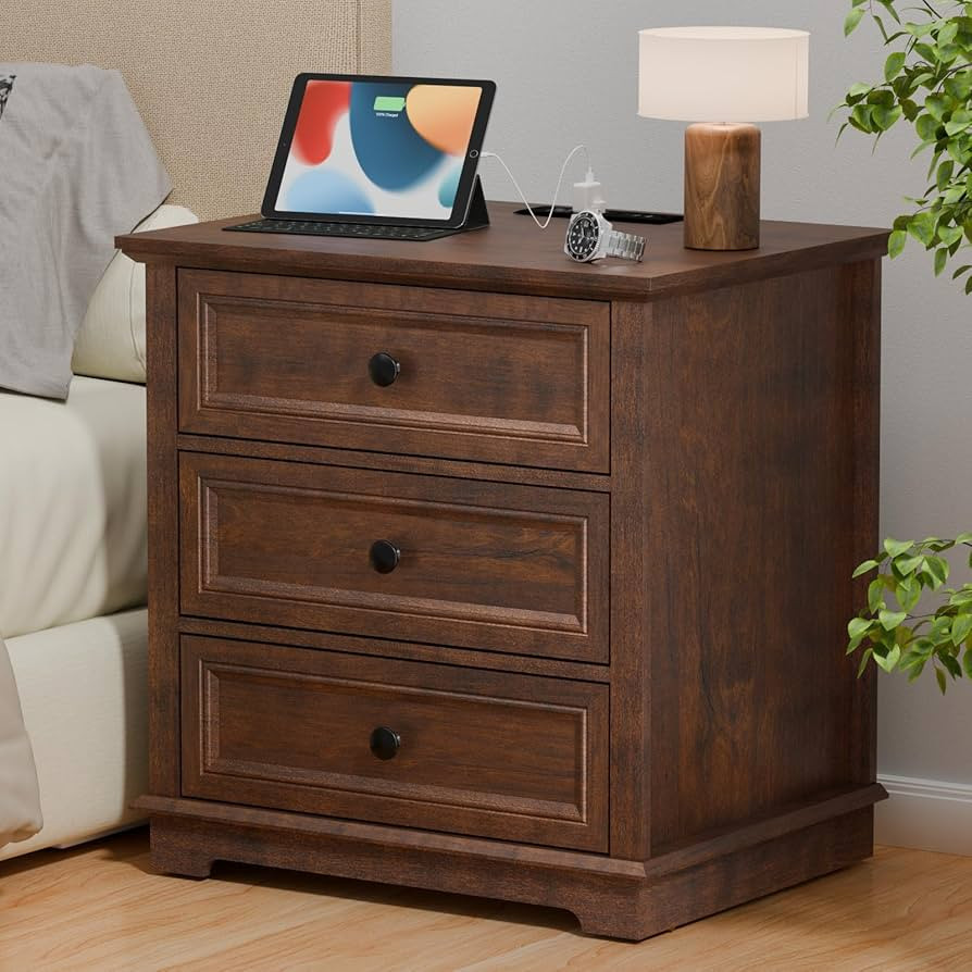 Nightstand with Charging Station, 24” Wide End Table with 3 Drawers, Modern Bedside Table with ... | Amazon (US)