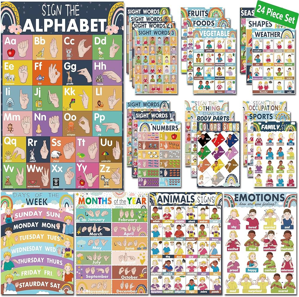 YIYDONG 24 Boho American Sign Language Posters for Kids, Sign Language for Babies & Toddlers, ABC... | Amazon (US)